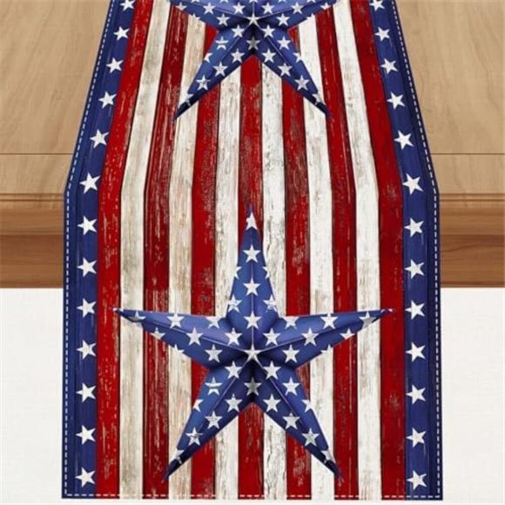 Linen Watercolor Red White and Blue American Flag Stars Table Runner 72 Inches
